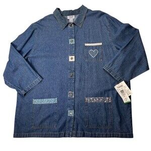 VTG 90s Teddi Light Blue Denim Chore Jacket Emboidered Applique Patchwork Sz 2X